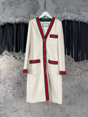 Gucci Cream Wool Long Cardigan with Red & Green Trim